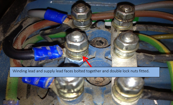 Winding lead and supply lead faces bolted together and double lock nuts fitted